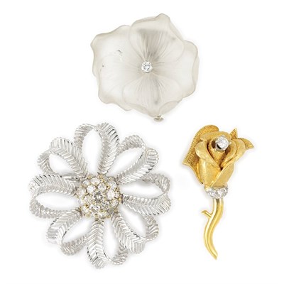 Lot 691 - Two White Gold, Gold and Diamond Brooches and Carved Frosted Rock Crystal and Diamond Flower Clip-Brooch