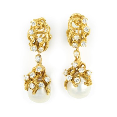 Lot 548 - Pair of Gold, Diamond and Baroque Cultured Pearl Pendant-Earrings, Arthur King