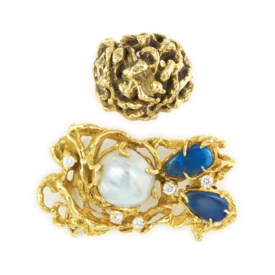 Lot 403 - Gold, Baroque Cultured Pearl, Diamond and Black Opal Slide and Gold Dome Ring, Arthur King