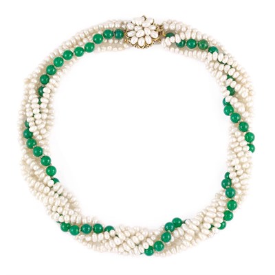 Lot 733 - Six Strand Biwa Pearl and Dyed Green Chalcedony Torsade Necklace with Biwa Pearl Cluster Clasp