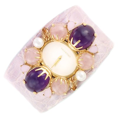 Lot 144 - Vermeil, Stainless Steel, Rose Quartz, Simulated Pearl and Simulated Amethyst Cuff Wristwatch, Valentino