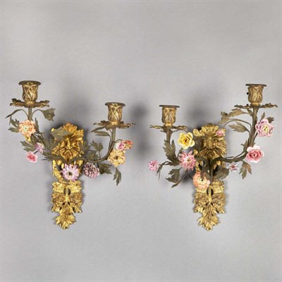 Lot 454 - Pair of French Tole and Porcelain Two-Light...
