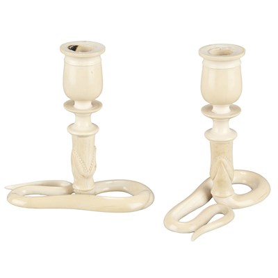 Lot 357 - Pair of Indian Ivory Candlesticks Each carved...