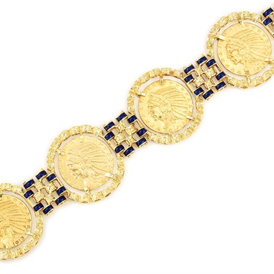 Lot 624 - Gold, Gold Indian Head Coin and Blue and Red Enamel Reversible Bracelet