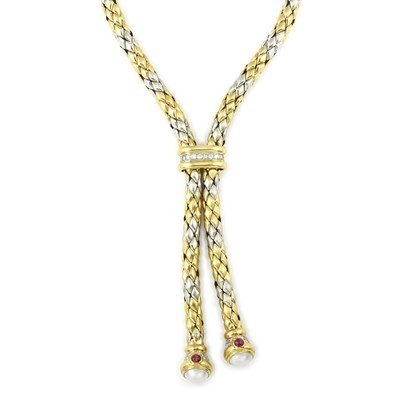 Lot 497 - Two-Color Gold, Diamond, Mabe Pearl and Cabochon Ruby Slide Necklace