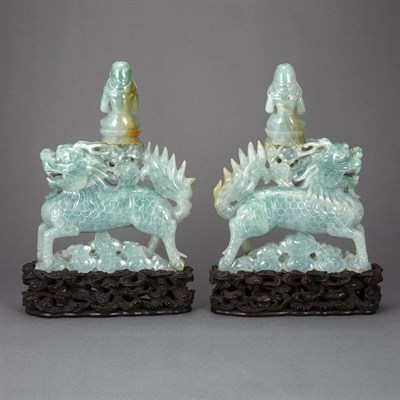 Lot 708 - Pair of Jadeite Guanyin and Qilin-Form Figures...