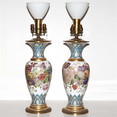 Lot 543 - Pair of Floral Painted White Opaline Glass...