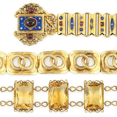 Lot 584 - Three Antique Gold Bracelets, Bangle Bracelet and Metal Link Bracelet