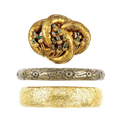 Lot 553 - Two Antique Gold Bangle Bracelets and Gold and Emerald Brooch