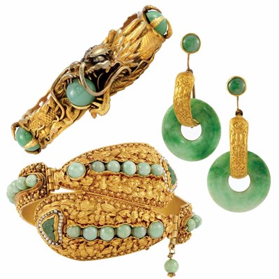 Lot 564 - Antique Chinese High Karat Gold and Jade Crossover Bangle Bracelet, Pair of Hoop Earrings and Gold and Jade Dragon Bangle Bracelet