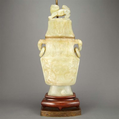 Lot 384 - Chinese Carved Pale Green Soapstone Lamp Of...