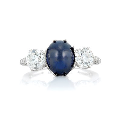 Lot 804 - Platinum, Cabochon Sapphire and Diamond Ring, Tiffany & Co.