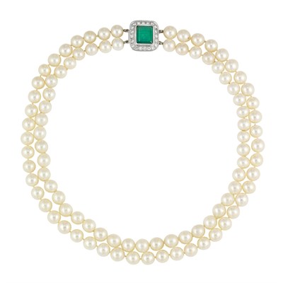 Lot 534 - Double Strand Cultured Pearl Necklace with White Gold, Emerald and Diamond Clasp