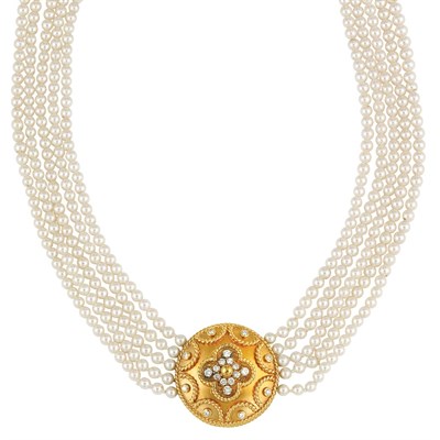 Lot 581 - Five Strand Cultured Pearl, Gold and Diamond Choker Necklace