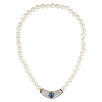 Lot 529 - Cultured Pearl, Two-Color Gold, Cabochon Sapphire, Diamond and Ruby Necklace