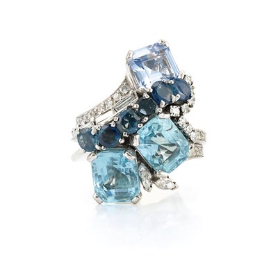 Lot 333 - Platinum, Aquamarine, Synthetic Spinel, Sapphire and Diamond Ring, Yard