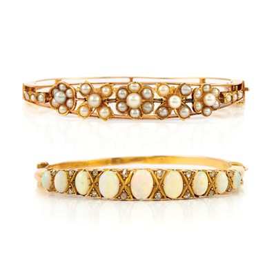 Lot 816 - Two Opal, Diamond and Split Pearl Bangle Bracelets