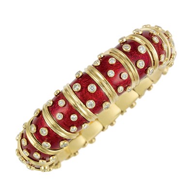 Lot 811 - Gold, Red Paillonne Enamel and Diamond Bangle Bracelet, Tiffany & Co, Schlumberger