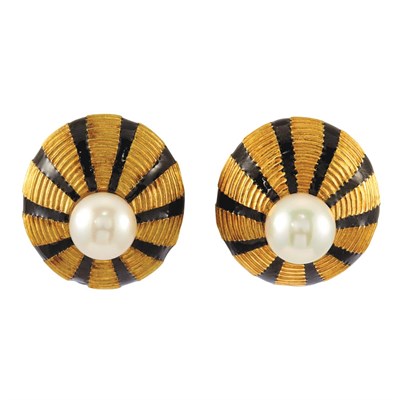 Lot 486 - Pair of Gold, Cultured Pearl and Black Enamel Earclips, Tiffany & Co., Schlumberger