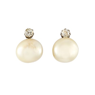 Lot 592 - Pair of Antique Low Karat Gold, Silver, Freshwater Pearl and Diamond Earrings