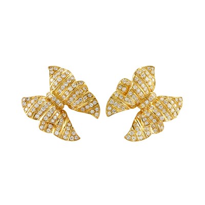 Lot 609 - Pair of Gold and Diamond Bow Earclips