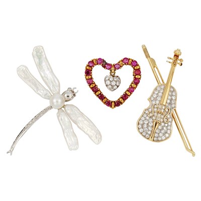 Lot 660 - Three Diamond, Ruby and Freshwater Pearl Pins
