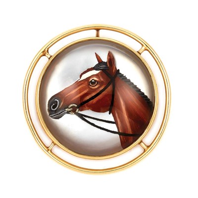 Lot 262 - Gold and Reverse Crystal Intaglio Horse Pendant-Brooch