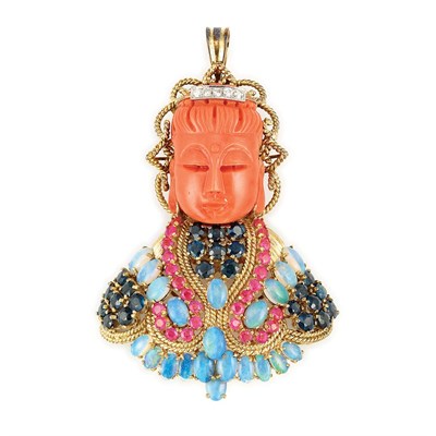 Lot 459 - Gold, Carved Coral, Sapphire, Opal, Ruby and Diamond Pendant-Brooch