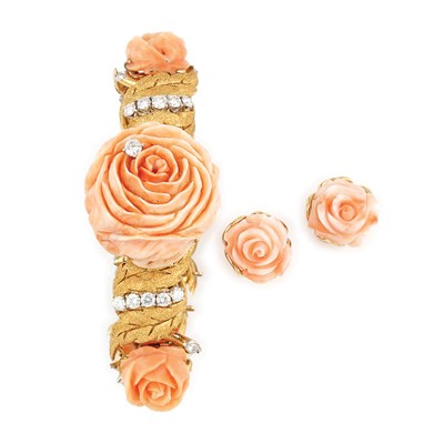 Lot 618 - Gold and Carved Coral Flower Bracelet-Watch, Black, Starr & Gorham, and Pair of Earrings