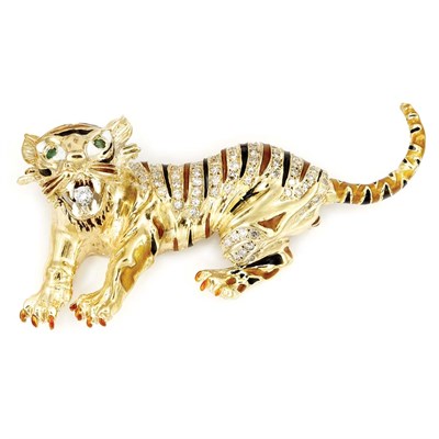 Lot 605 - Gold, Diamond and Enamel Tiger Brooch