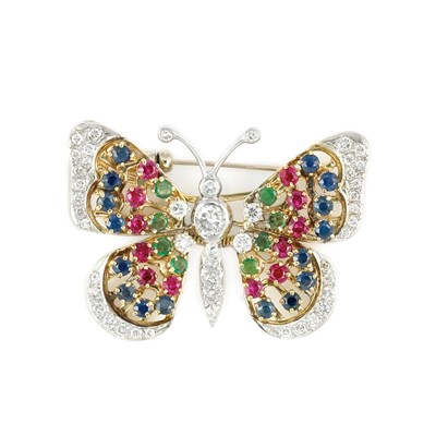 Lot 134 - Two-Color Gold, Diamond and Gem-Set 'en Tremblant' Butterfly Brooch