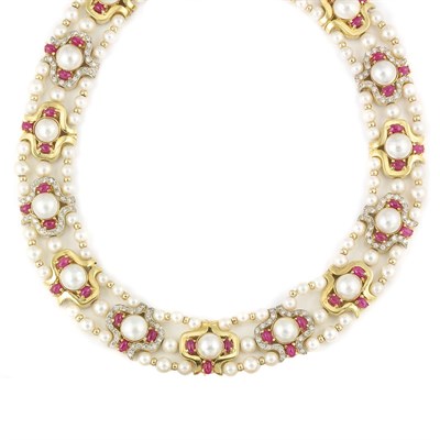 Lot 419 - Gold, Cultured Pearl, Mabe Pearl, Diamond and Cabochon Ruby Necklace