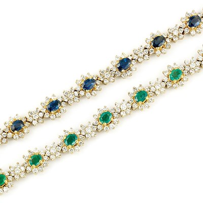 Lot 450 - Pair of Gold, Emerald, Sapphire and Diamond Bracelets