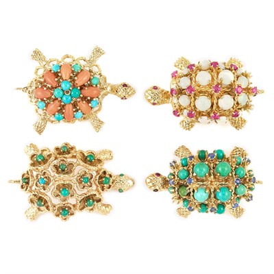 Lot 401 - Four Gold, Coral, Turquoise and Gem-Set Turtle Pins