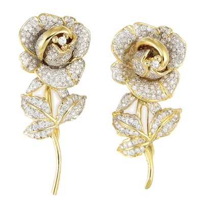 Lot 631 - Pair of Two-Color Gold and Diamond Rose Brooches