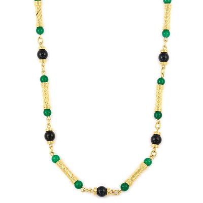 Lot 138 - Long Gold and Black and Green Onyx Bead Necklace