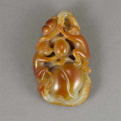 Lot 90 - Chinese Celadon and Chestnut Jade Monkey Group...
