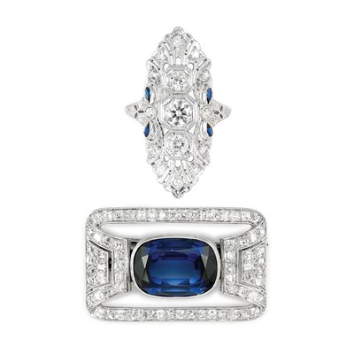 Lot 800 - Edwardian Platinum, Diamond and Synthetic Sapphire Ring and Art Deco Synthetic Sapphire and Diamond Brooch