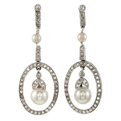 Lot 796 - Pair of Platinum, Cultured Pearl and Diamond Pendant-Earclips