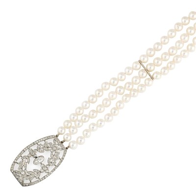 Lot 711 - Triple Strand Cultured Pearl Necklace with Belle Epoque Platinum and Diamond Clasp