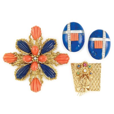 Lot 617 - Gold, Fluted Coral, Lapis and Diamond Clip-Brooch and Earrings and Gold Pin