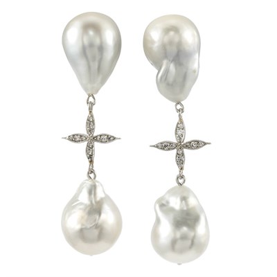 Lot 677 - Pair of White Gold, Baroque Cultured Pearl and Diamond Pendant-Earrings