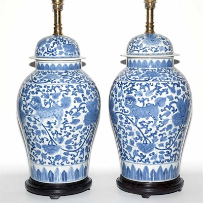 Lot 284 - Pair of Chinese Blue and White Porcelain Lamps...