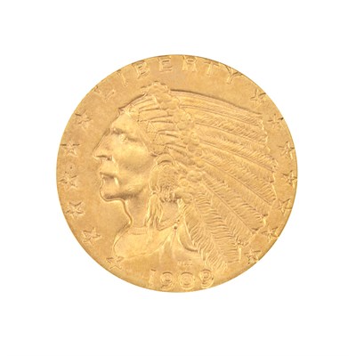 Lot 348 - United States, $2 1/2 Indian Heads Five coins,...