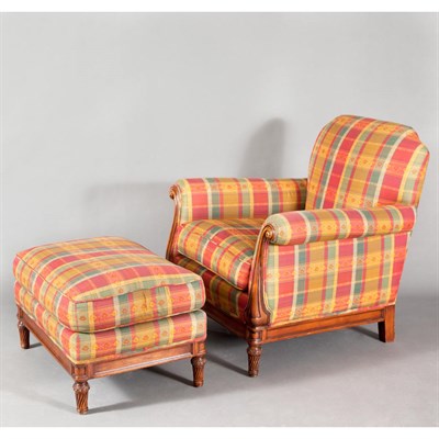 Lot 123 - Upholstered Mahogany Armchair and Ottoman en...