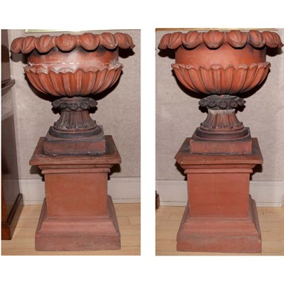 Lot 432 - Pair of Terra Cotta Urns on Pedestals Stamped...