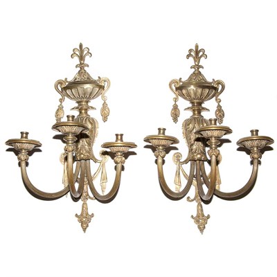 Lot 316 - Pair of Louis XVI Style Brass Three-Light...