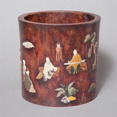 Lot 337 - Chinese Hardstone Inlaid Hardwood Brushpot...