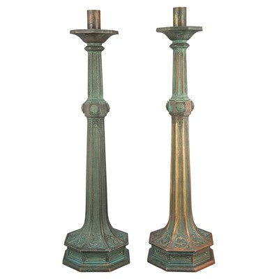 Lot 726 - Pair of Gothic Revival Bronze Candlesticks...