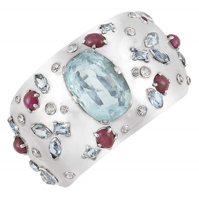 Lot 591 - Retro Silver, Aquamarine, Cabochon Ruby and Diamond Cuff Bangle Bracelet, Seaman Schepps